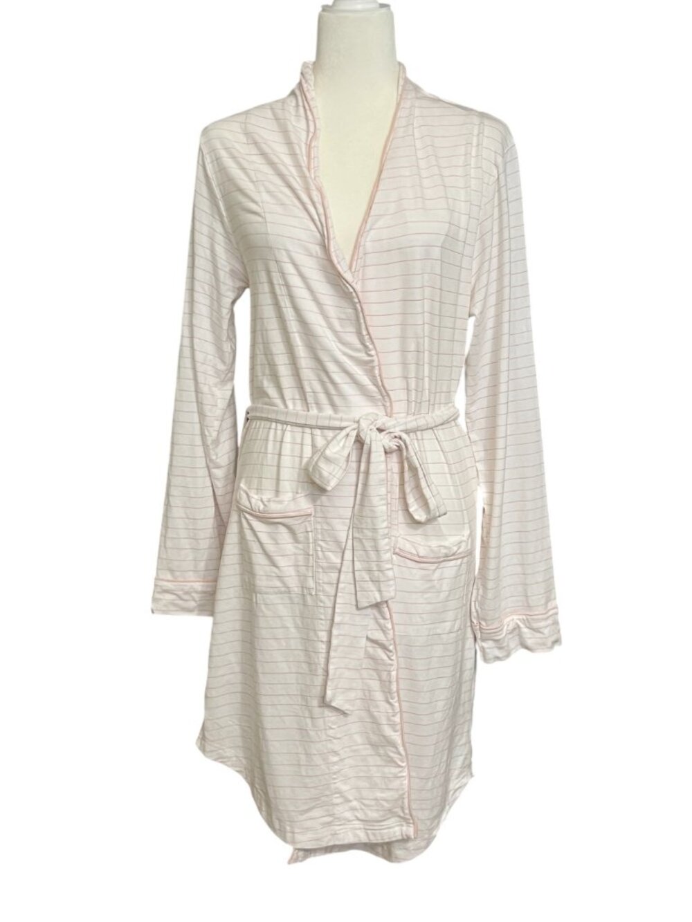 Cariloha Robe S/M White Pink Striped Bamboo Cotton Lounge Robe Belted Pockets